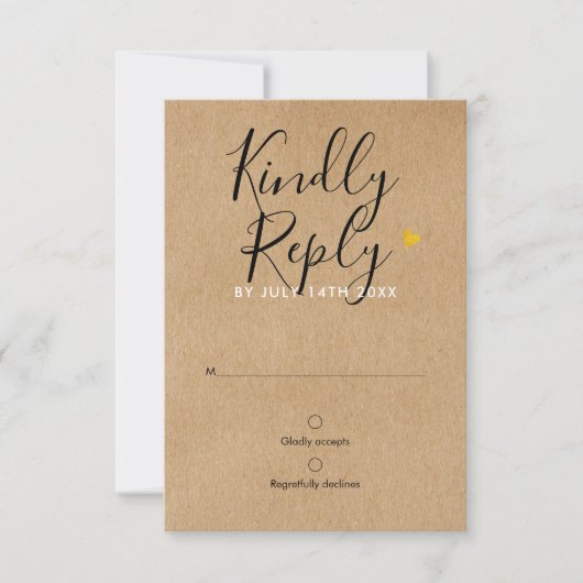 Rustieke Kraft Gouden Hart Chic Script Trouw RSVP Kaartje (Voorkant)
