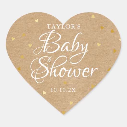 Rustieke Kraft Gouden Hartjes Baby Shower Hart Sticker (Voorkant)