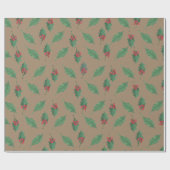 Rustieke Kraft Kerstmis Groene Holly Rode Bessen Cadeaupapier (Vlak)