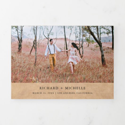 Rustieke Kraft minimaal 3 in 1 Fotocollage Bruilof Drieluik Uitnodiging (Cover)