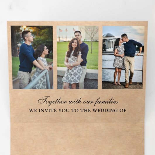 Rustieke Kraft minimaal 3 in 1 Fotocollage Bruilof Drieluik Uitnodiging (Binnenzijde eerst)