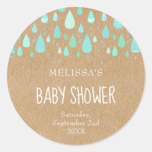Rustieke kraft mintgroene regendruppels baby showe ronde sticker