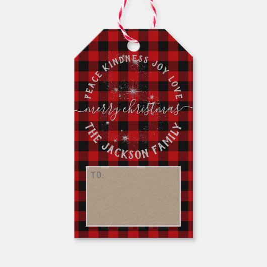 Rustieke Kraft Papier Rode Buffel Plaid Kerstmis Cadeaulabel (Voorkant)