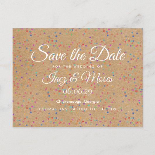Rustieke Kraft Regenboog Confetti Save the Date Aankondigingskaart (Voorkant)