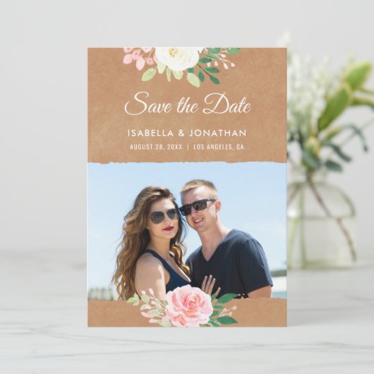 Rustieke Kraft Roze Roos Bloem Bruine Fotolijst Save The Date (Staand voorkant)