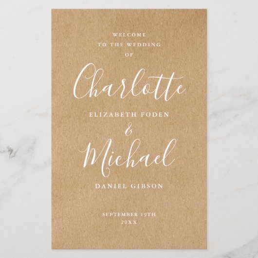 Rustieke Kraft Signature Script Wedding Program (Voorkant)