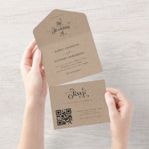 Rustieke Kraft Stijl Moderne Typografie QR Code RS All In One Uitnodiging
