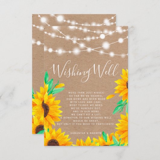 Rustieke kraft string lichten zonnebloemen wensen  informatiekaartje (Voorkant / Achterkant)