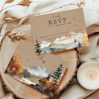 Rustieke Kraft Waterverf Herfst Boom Berg Bruiloft RSVP Kaartje