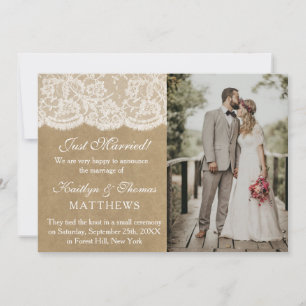 Rustieke Kraft & Witte Kant Bruiloft Foto Huwelijk Aankondiging