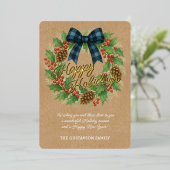 Rustieke Krans Blauw Zwart Geruite Boog Goud Folie Feestdagenkaart (Staand Voorkant)