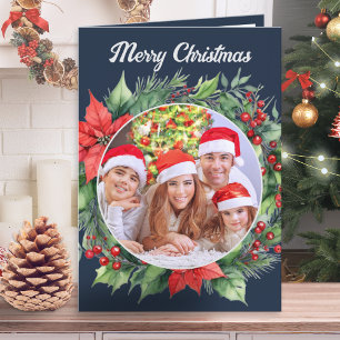 Rustieke Krans Familie Foto Marineblauw Kerstmis Feestdagen Kaart