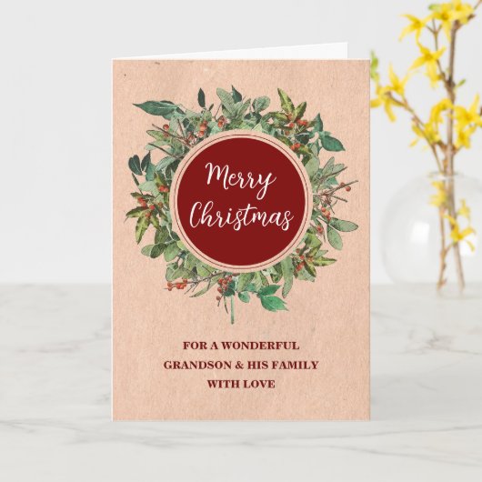 Rustieke Krans Kleinzoon & Familie Vrolijk Kerstfe Kaart (Gele Bloem)