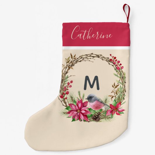 Rustieke Krans Poinsettia Vogel Bessen Initiaalmon Kleine Kerstsok (Achterkant)
