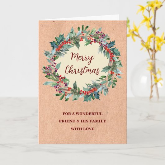 Rustieke Krans Vriend & Familie Vrolijk Kerstfeest Kaart (Gele Bloem)