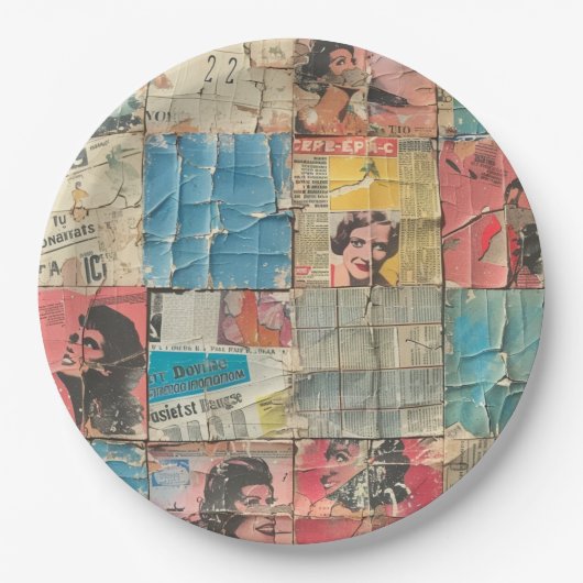 Rustieke krant Patchwork Collage (10) Papieren Bordje (Voorkant)