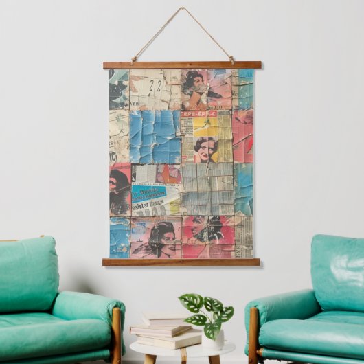 Rustieke  krant Patchwork Collage (11) Hangend Wandkleed (Woonkamer)