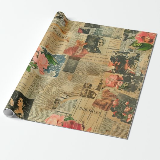 Rustieke krant Patchwork Collage (2) Cadeaupapier (Uitgerold)