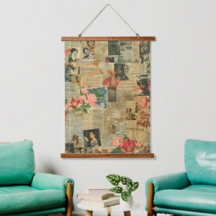 Rustieke krant Patchwork Collage (2) Hangend Wandkleed