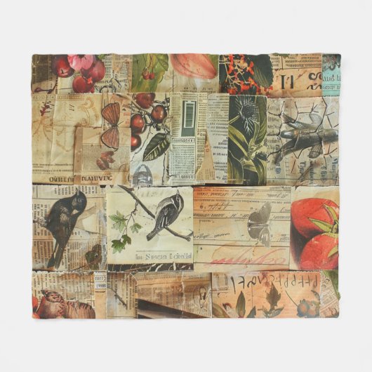 Rustieke  krant Patchwork Collage (4) Fleece Deken (Voorkant (Horizontaal))