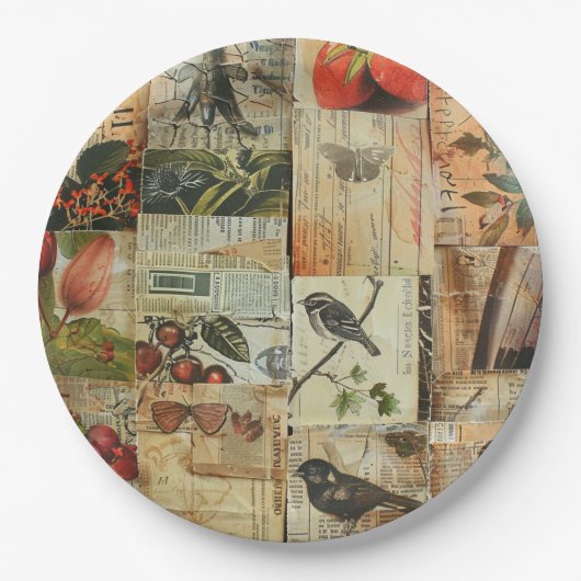 Rustieke krant Patchwork Collage (4) Papieren Bordje (Voorkant)