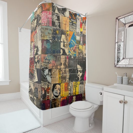 Rustieke  krant Patchwork Collage (7) Douchegordijn (In situ)