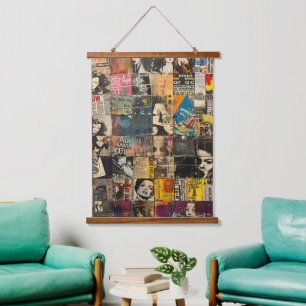 Rustieke  krant Patchwork Collage (7) Hangend Wandkleed