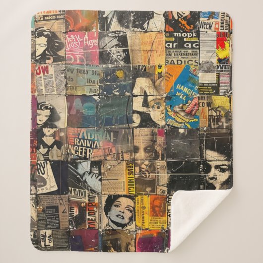 Rustieke  krant Patchwork Collage (7) Sherpa Deken (Voorkant)