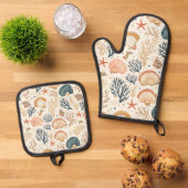 Rustieke Kust - Zeeschelpen, Zeesterren, Rif (24) Ovenwant & Pannenlap Set (Top down)