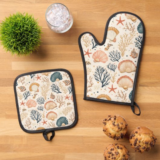 Rustieke Kust - Zeeschelpen, Zeesterren, Rif (24) Ovenwant & Pannenlap Set (Top down)