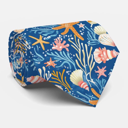 Rustieke Kust - Zeeschelpen, Zeesterren, Rif (26) Stropdas (Opgerold)