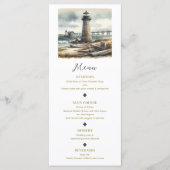 Rustieke kustvuurtoren aan zee strand Menu (Voorkant)