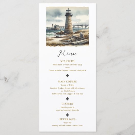 Rustieke kustvuurtoren aan zee strand Menu (Voorkant)