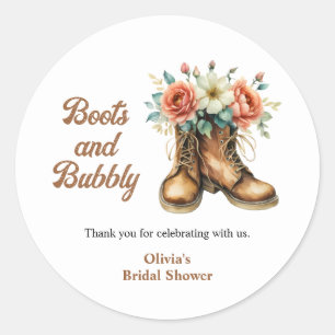 Rustieke laarzen en bruisende western bruiloftsdou ronde sticker