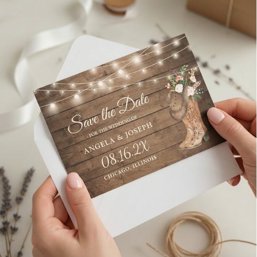 Rustieke laarzen Floral String Lights Bruiloft Save The Date