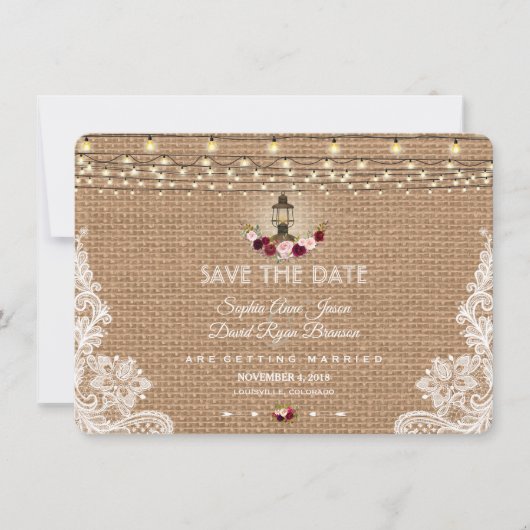 Rustieke Lace Burlap String Lights Opslaan van de Save The Date (Voorkant)