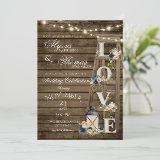 Rustieke Ladder en Lichten Blauw Liefde Bruiloft Kaart (Staand voorkant)