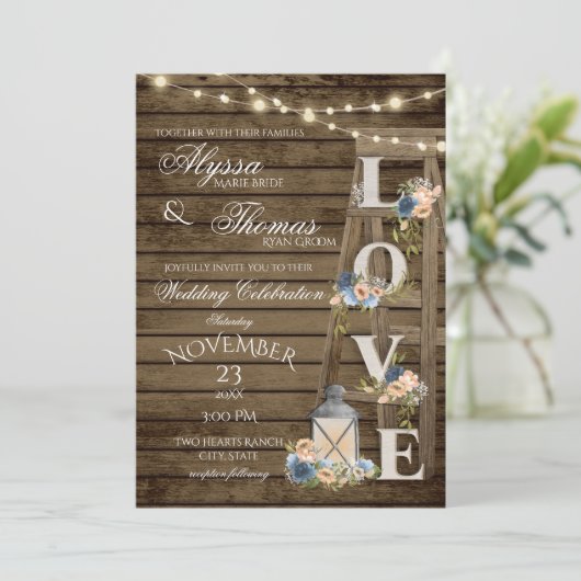 Rustieke Ladder en Lichten Blauw Liefde Bruiloft Kaart (Staand voorkant)