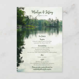 Rustieke lakeside evergreens reflectie details informatiekaartje