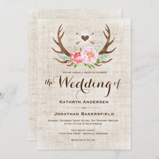 Rustieke Land Bloemen Antlers Huwelijksuitnodiging Kaart (Voorkant / Achterkant)