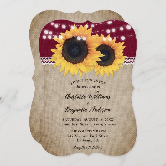 Rustieke Land Bourgondische Burlap Zonnebloem Huwe Kaart (Voorkant / Achterkant)