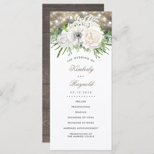 Rustieke land chique witte bloemen bruiloft progra programma (Voorkant / Achterkant)