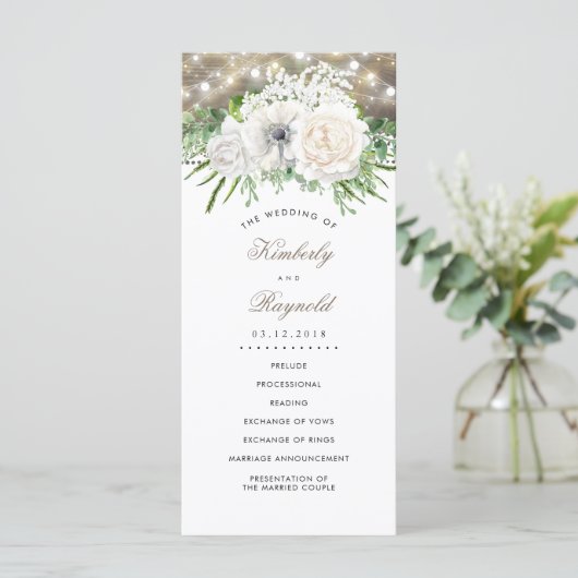 Rustieke land chique witte bloemen bruiloft progra programma (Staand voorkant)