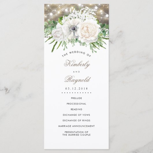Rustieke land chique witte bloemen bruiloft progra programma (Voorkant)
