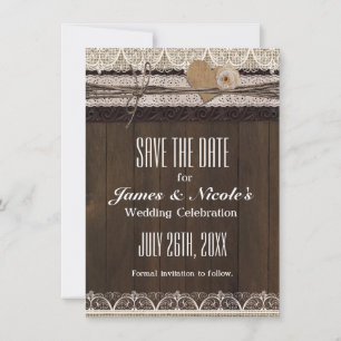 Rustieke landelijke jute & kant save the date kaar