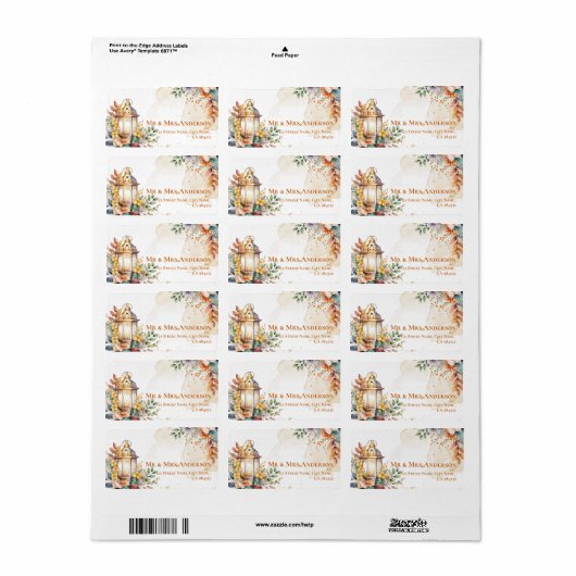 Rustieke Lantaarn Geel Bloemen Fall Trouwadres Etiket (Full Sheet)