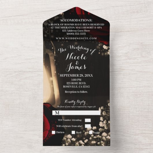 Rustieke lantaarn & glamour rode rozen bruiloft + all in one uitnodiging (Binnen)