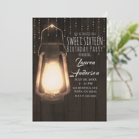Rustieke lantaarn & lichten Bruine houten Sweet 16 Kaart (Staand voorkant)