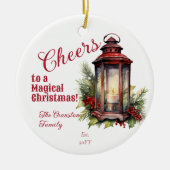 Rustieke Lantaarn Pine en bessen juichen Kerstmis Keramisch Ornament (Voorkant)