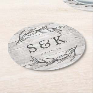 Rustieke laurierblad monogram bruiloft ronde kartonnen onderzetter